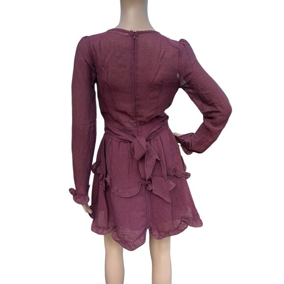 Saints+Secrets Women's Wine Ruffle V-Neck Long Sleeves Belted Mini Dress Size S - Picture 6 of 7